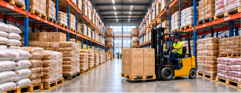 Warehouse forklift handling palletized commercial goods
