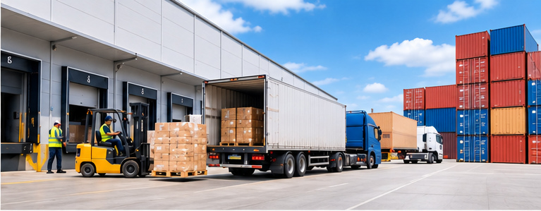 Commercial loading dock with trucks and warehouse operations