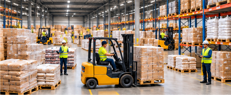 Active warehouse operations with forklifts and palletized goods